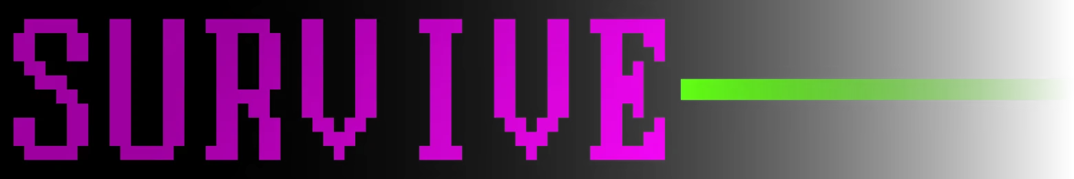 Tetro Runner: Pixelated magenta "SURVIVE" text with a green progress bar on black background.