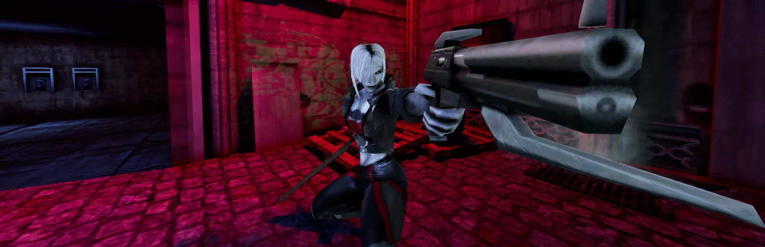 TEXNOPLAZM: Character with white hair aims a large gun in a red-lit, gothic urban alley.