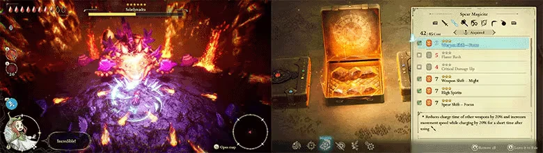 Boss Battle Inventory – The Adventures of Elliot: The Millennium Tales The Adventures of Elliot: Boss fight in lava cave and Spell Magician menu UI panel.