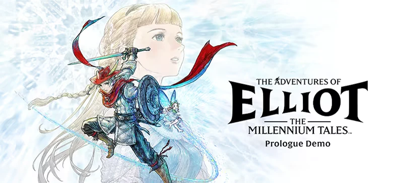 Title Artwork – The Adventures of Elliot: The Millennium Tales The Adventures of Elliot: Hero with sword and shield beside title text, Prologue Demo.