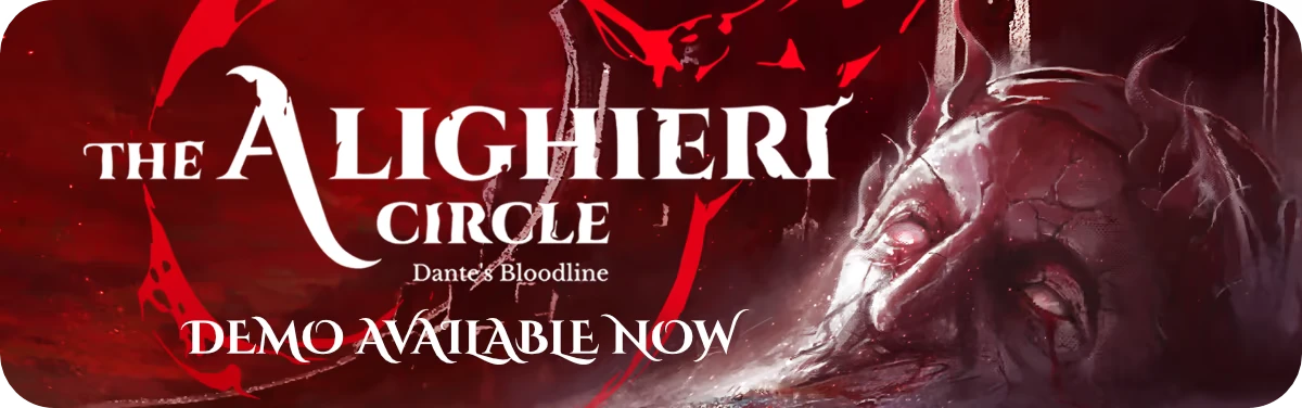 Demo Available Banner – The Alighieri Circle: Dante’s Bloodline The Alighieri Circle: Title text and “DEMO AVAILABLE NOW” over cracked face with red eye.