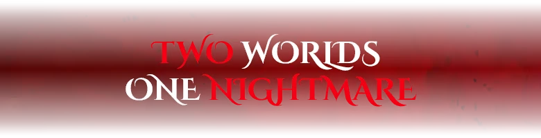 Two Words Nightmare – The Alighieri Circle: Dante’s Bloodline The Alighieri Circle: Red background with text “TWO WORLDS ONE NIGHTMARE” in serif font.