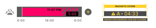Storm Warning Timer – The Alters The Alters: UI shows a pink time bar at 11:07 PM, warning of a magnetic storm and radiation.