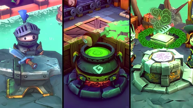 The Artifactory: Knight with sword, cauldron with green liquid, and magical stone platform.