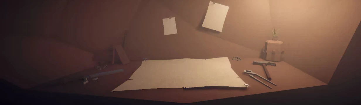 The Atrium: Desk with blank paper, tools, and pinned notes in warm light.