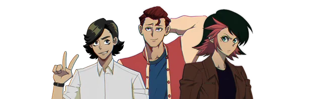 The Bagman: Three illustrated teens posing, one flashing a peace sign on black background.