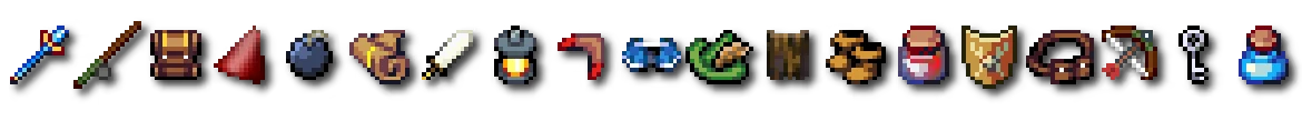 The Ballad of Bellum: Pixel art icons of a staff, chest, scroll, lantern, bomb, and key.