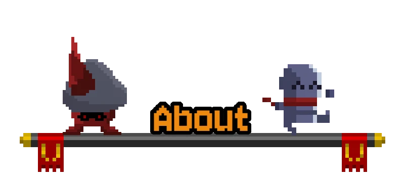 About Screen – The Bestest Knight The Bestest Knight: Pixel “About” text between red monster and gray knight sprites.