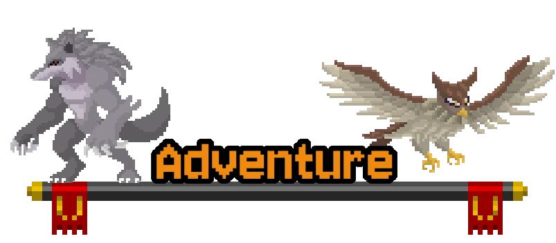 Adventure Select – The Bestest Knight The Bestest Knight: Orange pixel text “Adventure” between wolf and hawk sprites.