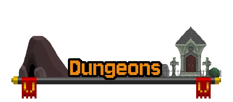 Dungeons Signpost – The Bestest Knight The Bestest Knight: Orange “Dungeons” title over cave and mausoleum pixel art.