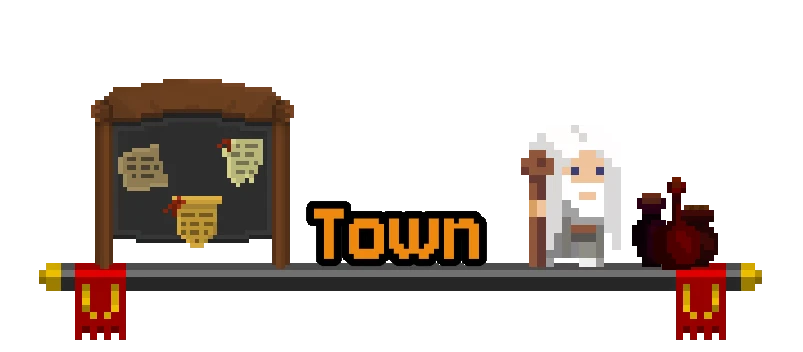 Town Noticeboard – The Bestest Knight The Bestest Knight: Pixel art “Town” text beside notice board and white-haired figure.