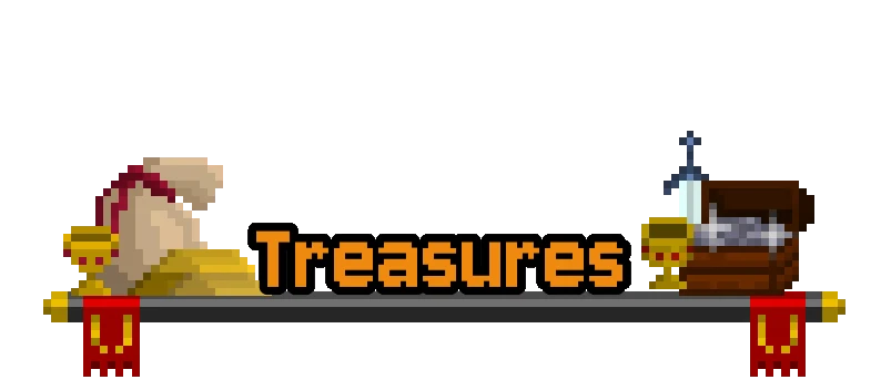 Treasures Screen – The Bestest Knight The Bestest Knight: Pixel art “Treasures” text between helmet, goblet, sword, chest.