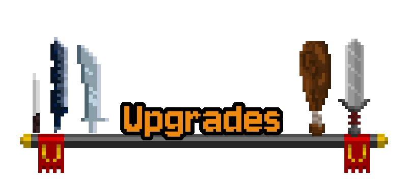 Weapon Upgrades – The Bestest Knight The Bestest Knight: Pixel swords and club above orange “Upgrades” text on black background.