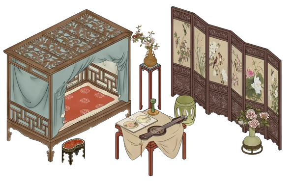 The Bustling World: Ornate canopy bed, floral screen, table with lute, vase, and decorative stool.