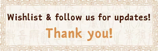 The Bustling World: Text reads "Wishlist & follow us for updates! Thank you!" with ornate border.