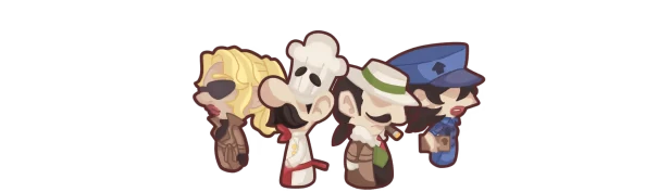 Colorful Characters – The Chef's Shift The Chef's Shift: Four cartoon characters, including a chef, detective, officer, and woman in shades.