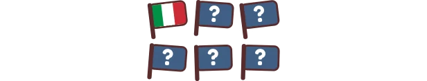 Flag Selection – The Chef's Shift The Chef's Shift: Six flags, one with Italian colors, five with question marks on blue backgrounds.