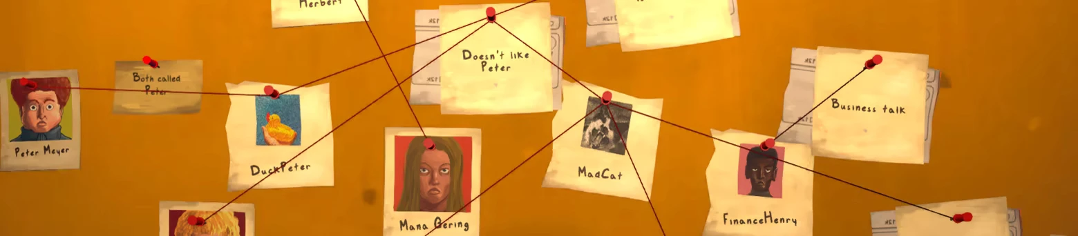 The Copperfield Department: Corkboard with pinned notes, photos, and red string links.