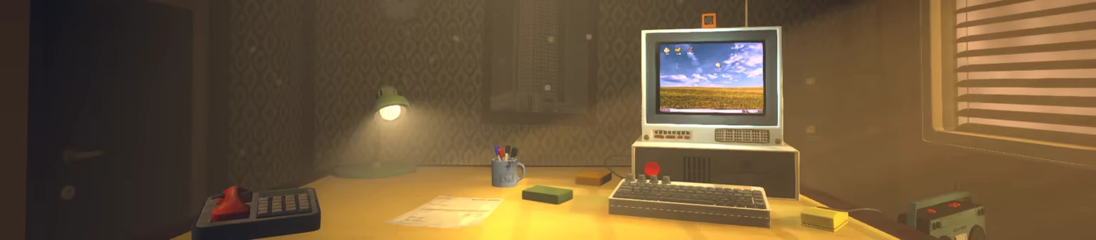 The Copperfield Department: Desk with lamp, phone, and computer showing a field wallpaper.