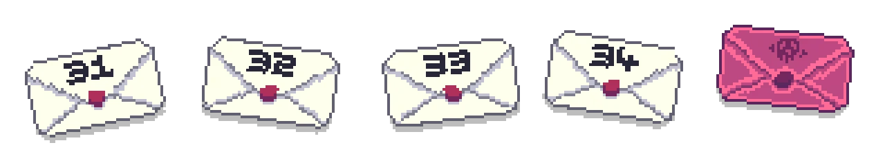 Bill Envelopes Row – The Debtician The Debtician: Four white envelopes labeled 31–34 and a pink envelope with skull icon.