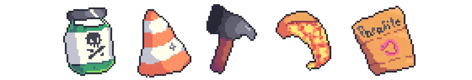 Item Lineup Icons – The Debtician The Debtician: Pixel icons of poison jar, traffic cone, hammer, pizza slice, brownie bag.