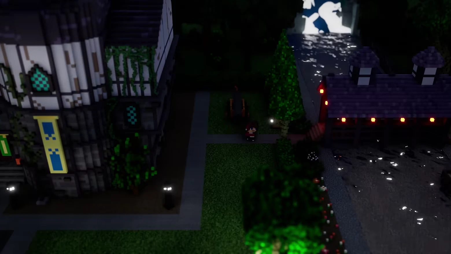 The Detectorist Guild: Night village path by canal, lit bridge and timbered house banners.