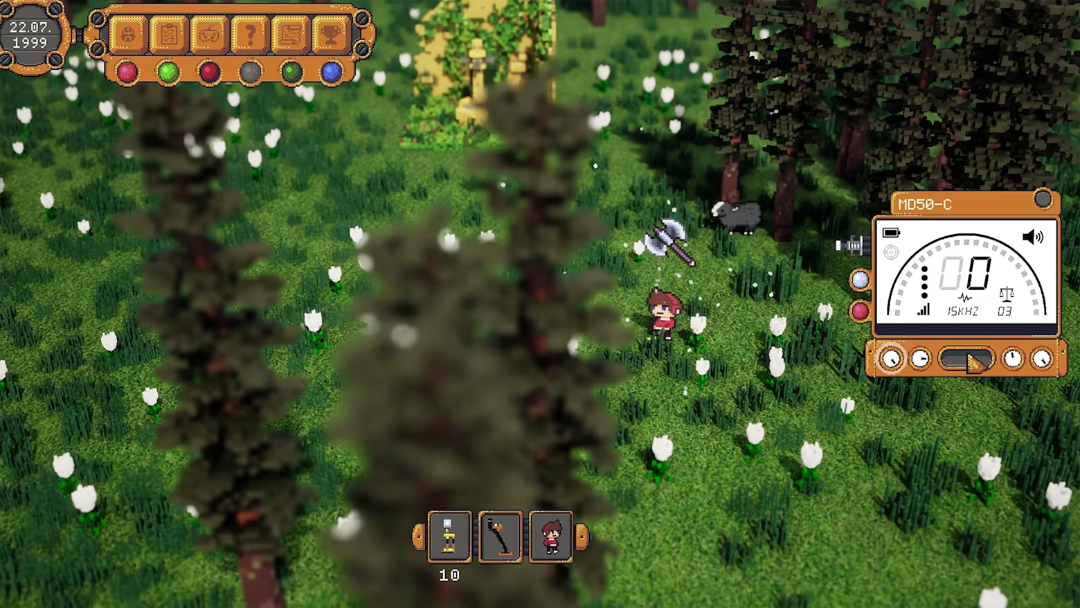 The Detectorist Guild: Pixel forest field, detector UI “MD50-C” reads 00, 22.07.1999.