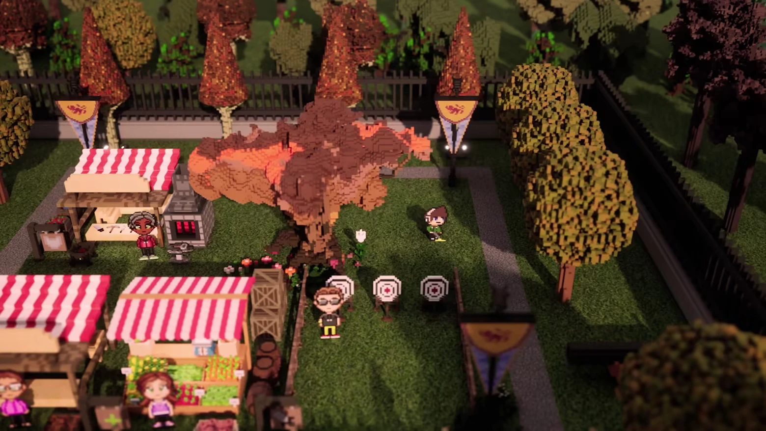 The Detectorist Guild: Pixel park fair with stalls, targets, and characters by trees.