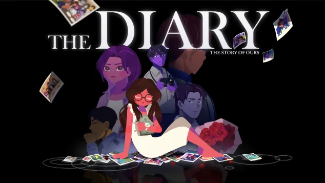 The Diary: Woman with glasses holds a diary, surrounded by photos and shadowy figures on black.