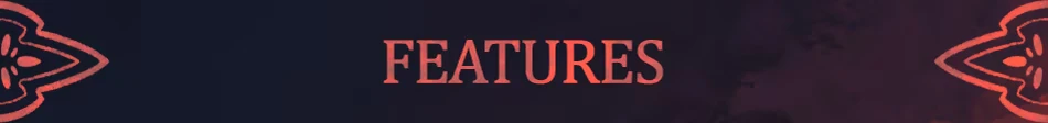 The Doll Shop: “FEATURES” in red serif letters on a dark purple banner with motifs.