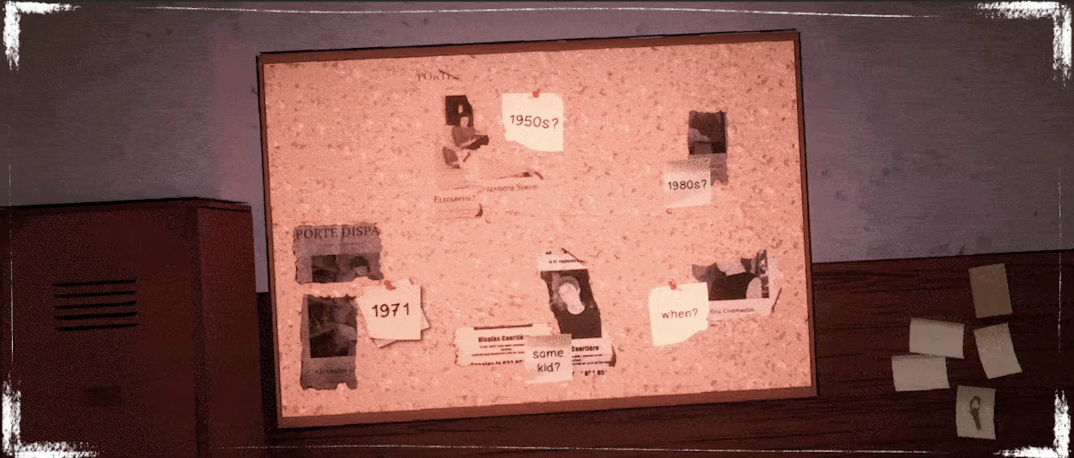 The Dropouts: Corkboard with photos and notes reading 1950s?, 1980s?, 1971, when?.