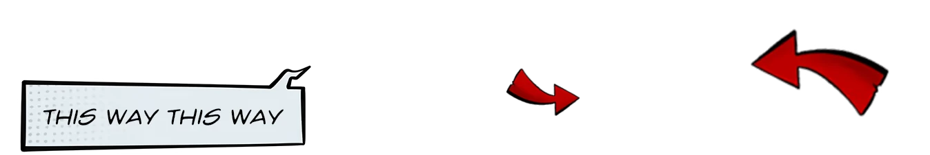 The Dropouts: “THIS WAY THIS WAY” sign, Discord logo, QR code, red arrows on black.