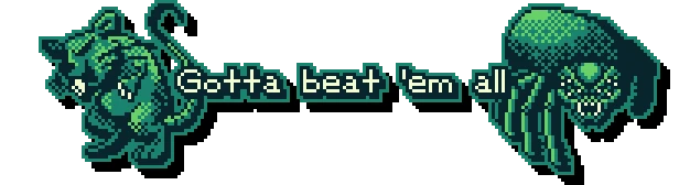 The Edge of Allegoria: Pixel art of a green cat and spider with "Gotta beat 'em all" text.
