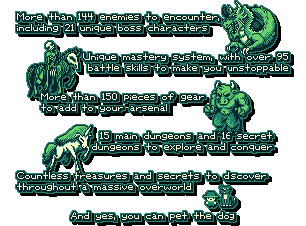The Edge of Allegoria: Pixel art with text on enemies, skills, gear, dungeons, treasures, and a dog.