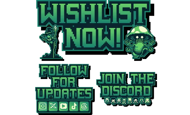 The Edge of Allegoria: Pixel art with "WISHLIST NOW!" text, wizard, mushroom, and social icons.