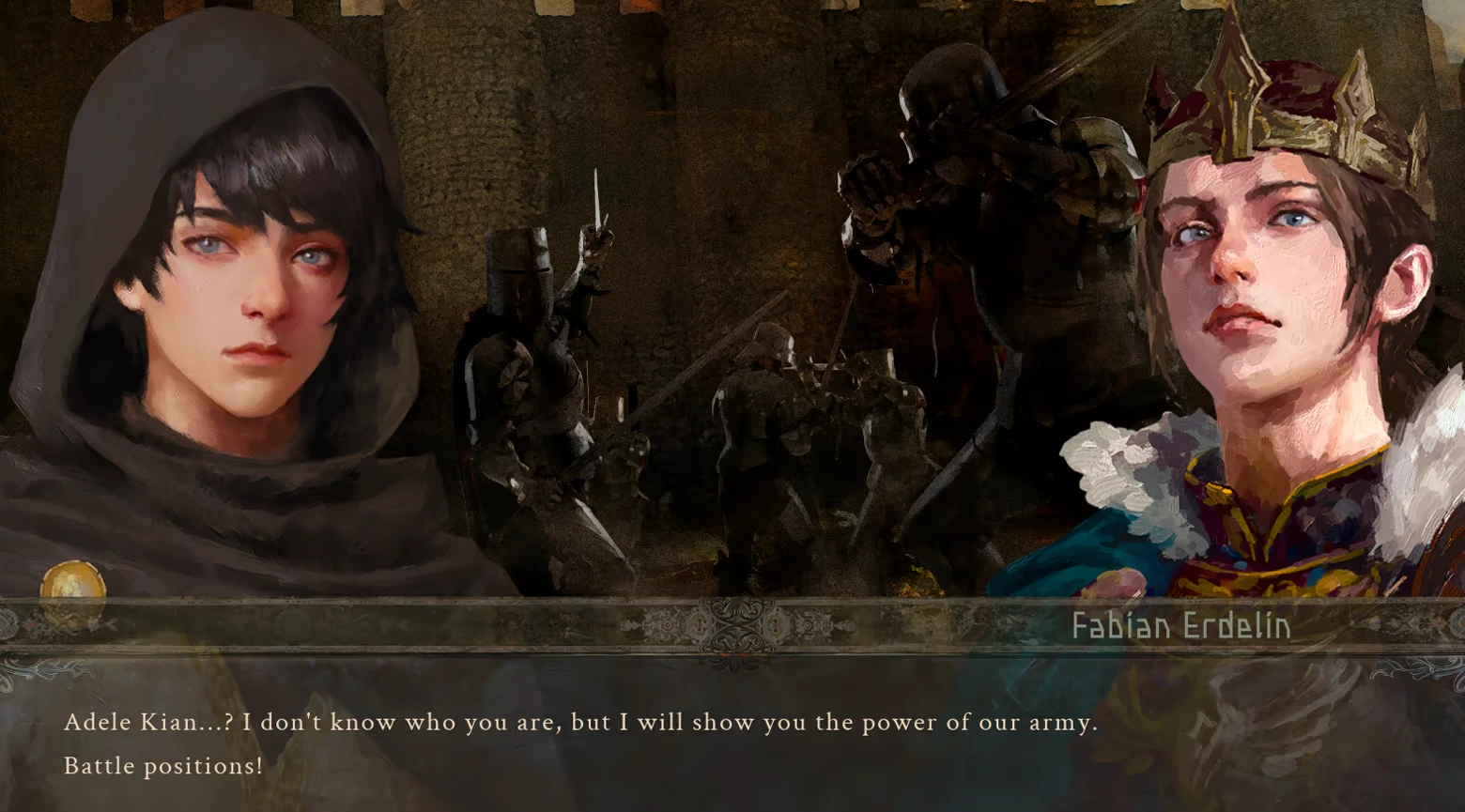 Battle Dialogue – The End of History The End of History: Two characters converse before a castle, with knights preparing for battle.