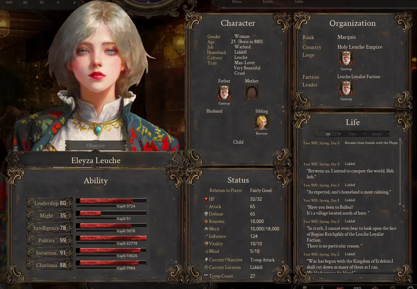 Character Profile – The End of History The End of History: Character profile of Eleyza Leuche, showing stats, family, and life events.