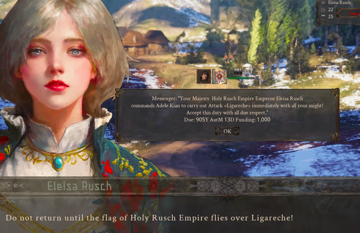 Noble Command – The End of History The End of History: A noblewoman with short hair, ornate dress, and a message box with a quest.