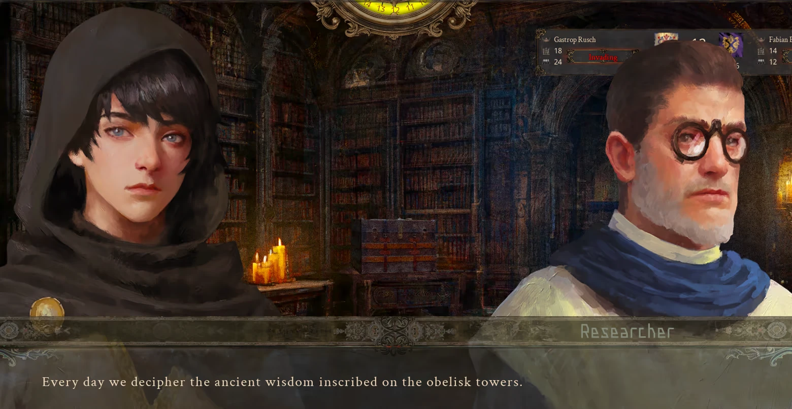 Researcher Dialogue – The End of History The End of History: Hooded figure and bespectacled man in a library with text about obelisks.