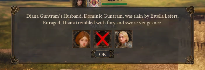 Vengeance Promise – The End of History The End of History: Text box shows Diana's husband slain, portraits of Diana and Estella, "OK" button.