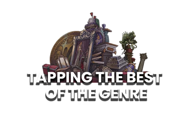 The Eternal Life of Goldman: White text “TAPPING THE BEST OF THE GENRE” over cluttered relics.