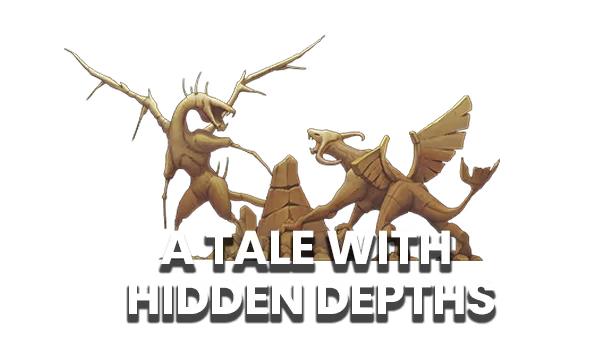 The Eternal Life of Goldman: Two carved creatures above bold white text, A TALE WITH HIDDEN DEPTHS.