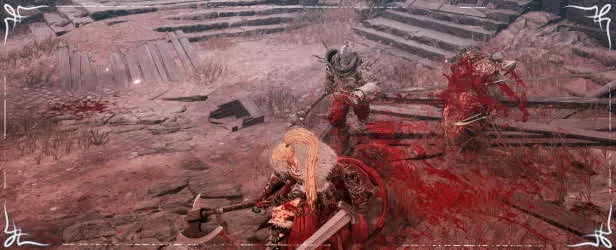 The First Berserker: Khazan battles two armored foes on a bloodstained stone path.