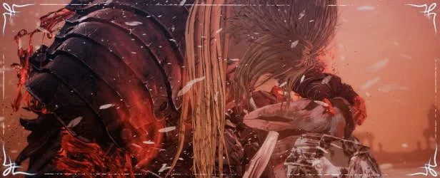 The First Berserker: Two armored warriors clash amid swirling embers and falling feathers.