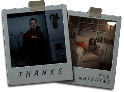 The Floor Above: Two polaroids show a man in a red jacket and a creature behind a chair.