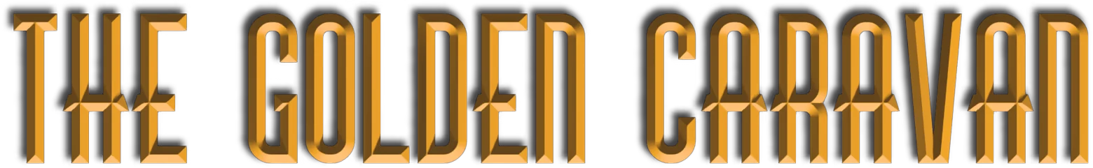 The Golden Caravan: Bold gold 3D text with shadow effect on a transparent background.