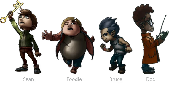 THE GOOD OLD DAYS: Four characters, Sean with a key, Foodie, Bruce, and Doc with a device.