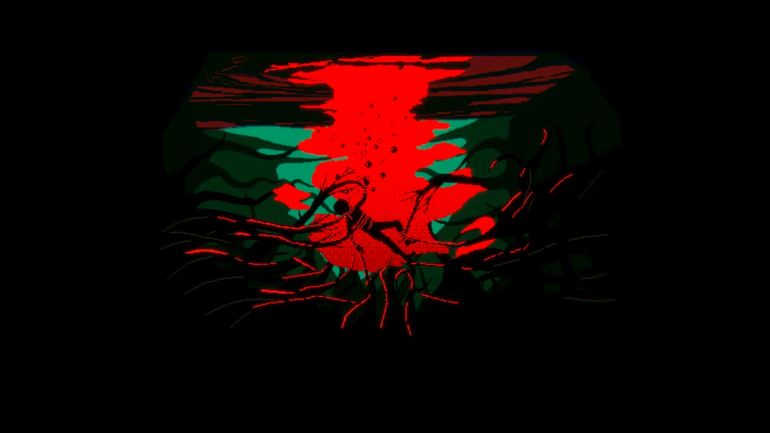 THE GUTTER: Abstract red and teal figure with branching tendrils on black background.