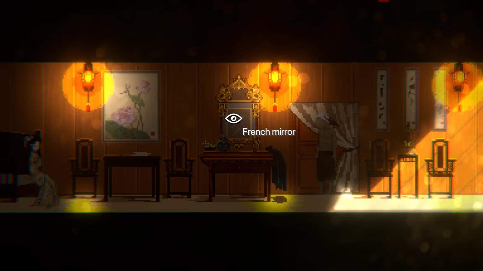 THE GUTTER: Pixel room with lanterns, ornate mirror; UI text “French mirror” with eye icon.
