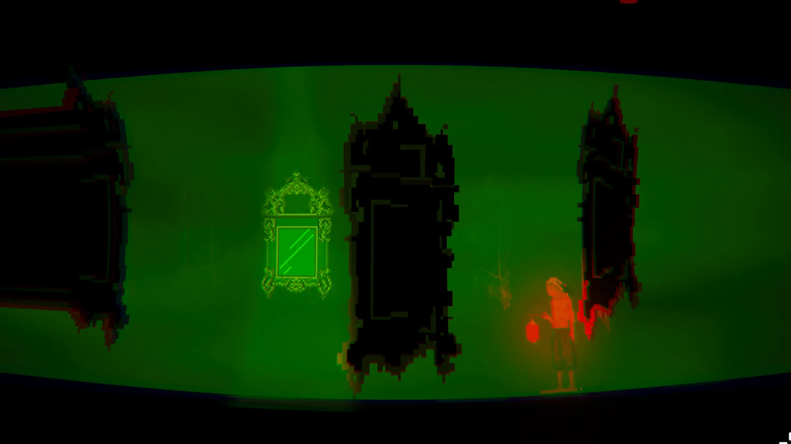 THE GUTTER: Green-tinted room with ornate mirrors and a figure holding a red lantern.
